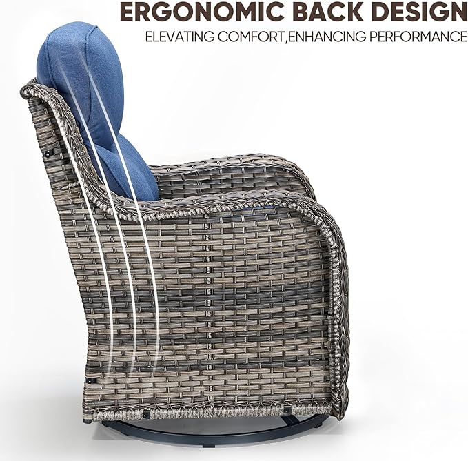 Swivel Patio Chairs Sofa Set of 5 with 6" Thick Cushion - Wicker Outdoor Swivel Rocker Patio Chair with Side Table, High Back Comfortable Outdoor Glider Chairs - Grey Wicker | Blue Cushions