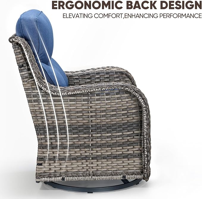 Swivel Patio Chairs Sofa Set of 4 with 6" Thick Cushion - Wicker Outdoor Swivel Rocker Patio Chair with Side Table, High Back Comfortable Outdoor Glider Chairs - Grey Wicker | Blue Cushions