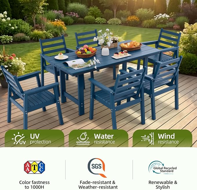 5-Piece Outdoor Dining Set, All-Weather HDPE Patio Furniture, 66.5" Slatted Table with 1.6" Umbrella Hole & 4 Ergonomic Armchairs, Heavy Duty 350lbs Capacity, UV Resistant, Blue