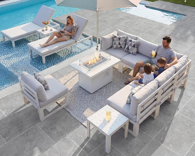 NICESOUL 11 Pcs Oversized Modern Aluminum Patio Furniture Set, 500lbs Heavy Duty Outdoor Sectional Sofa with Chaise & Fire Pit Table, 29" Deep Wide Seating Conversation Couch for Poolside, Light Gray
