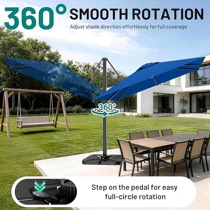 AreShark 9 × 9FT Square Cantilever Patio Umbrella with Base Included, 360° Rotation Offset Outdoor Umbrella, 5 Tilt Settings Heavy Duty Hanging Parasol for Deck Garden Pool, Royal Blue