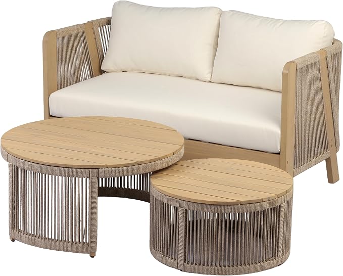Christopher Knight Home Dalba Acacia Wood Outdoor Loveseat and Coffee Table Set, 3 Piece Patio Furniture Set with Removable Cushion, Solid Wood Outdoor Conversation Set, Light Teak+Beige