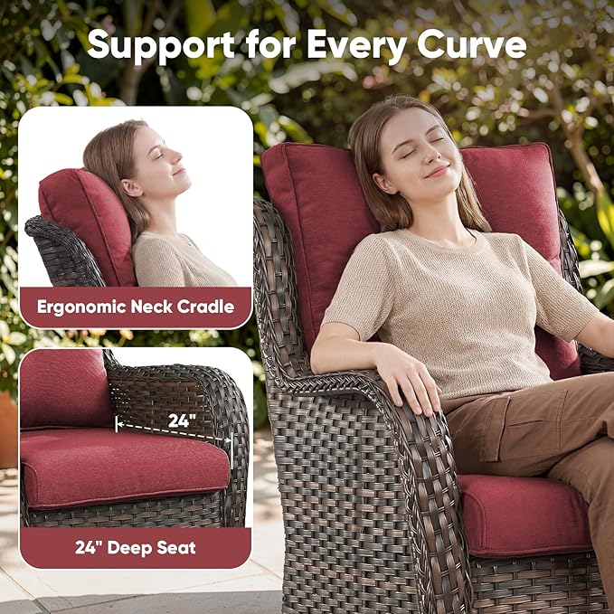Belord Outdoor Swivel Chairs Set of 2,Patio Wicker Rocker Chairs with Ottomans, All Weather Patio Conversation Furniture Set, Ideal for Porch Balcony Deck Yard, Brown Wicker/Red