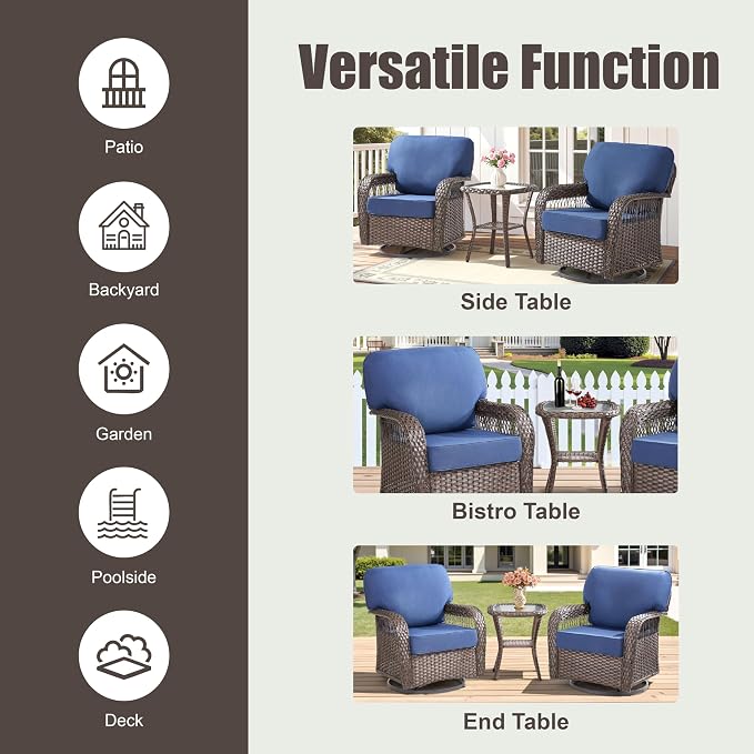 5 Pieces Patio Furniture Set, All Weather Wicker Swivel Rocker Patio Chairs with Ottomans Rattan Side Table, Outdoor Seating Furniture Conversation Sets for Deck Porch Sunroom, Blue