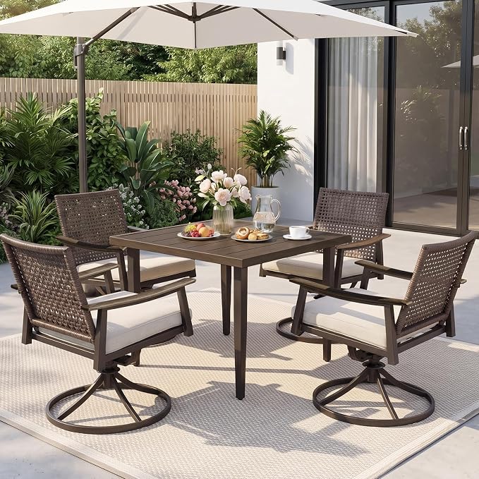 NATURAL EXPRESSIONS Outdoor Dining Set,Patio Table and Chairs Set with 4 Rattan Wicker Swivel Chairs,5 Piece Patio Dining Set for 4,36.6" Woodgrain Table with 1.65" Umbrella Hole,Patio Sets for Yard