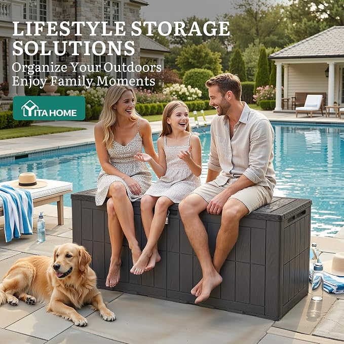 YITAHOME 134 Gallon Large Deck Box, Waterproof Resin Outdoor Storage Box with Lock, Doubles as 2-Person Bench Seating for Patio Furniture Cushions,Garden Tools & Pool Accessories, Dark Brown