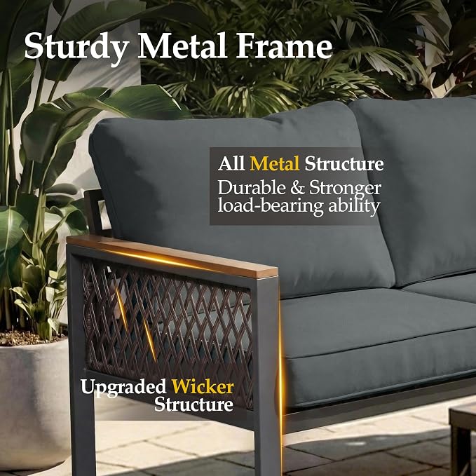 UPHA 7 Pieces Patio Furniture Set with 56" Propane Gas Fire Pit Table, Metal Outdoor Sectional Couch Set with Loveseat & 3-Seat Sofa, Modern Patio Conversation Set for Porch Balcony Deck, Gray