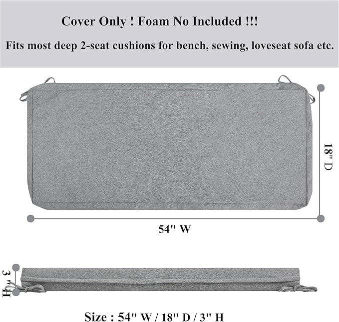 FUNHOME Outdoor Cushion Covers,54" x 18" x 3", No Insert! Patio Cushion Covers Replacement for Outdoor Furniture,Water Resistant Patio Bench Loveseat Covers 1 Pack, Light Grey(Covers ONLY)