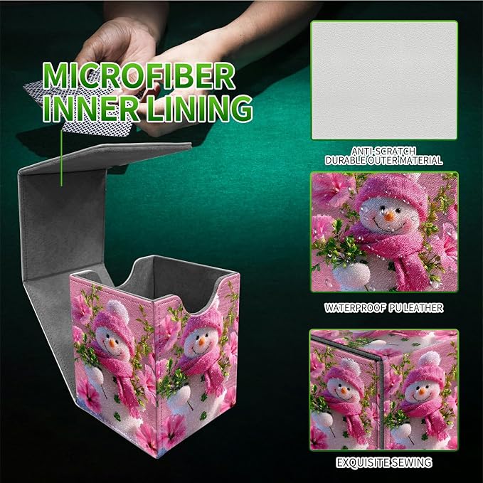 Pink Flower Snowman Card Deck Box for MTG, Personalized Card Storage Case Fits 120+ Sleeved Cards, Premium Leather TCG Box with Strong Magnetic Closure for Magic, CCG, PTCG, Baseball Cards