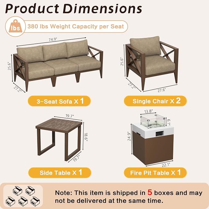 Outdoor Aluminum Patio Furniture Set, 5-Seats Patio Conversation Sofa Set with 37,000 BTU Fire Pit Table w/Glass Wind Guard, All Weather for Pool, Balcony, Garden-Brown