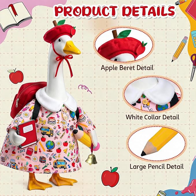 Back to School Porch Goose Outfits Fits 23" Cement Plastic Statue Goose Clothes for Back to School Day Outdoor Garden Yard Patio Statue Art Decor