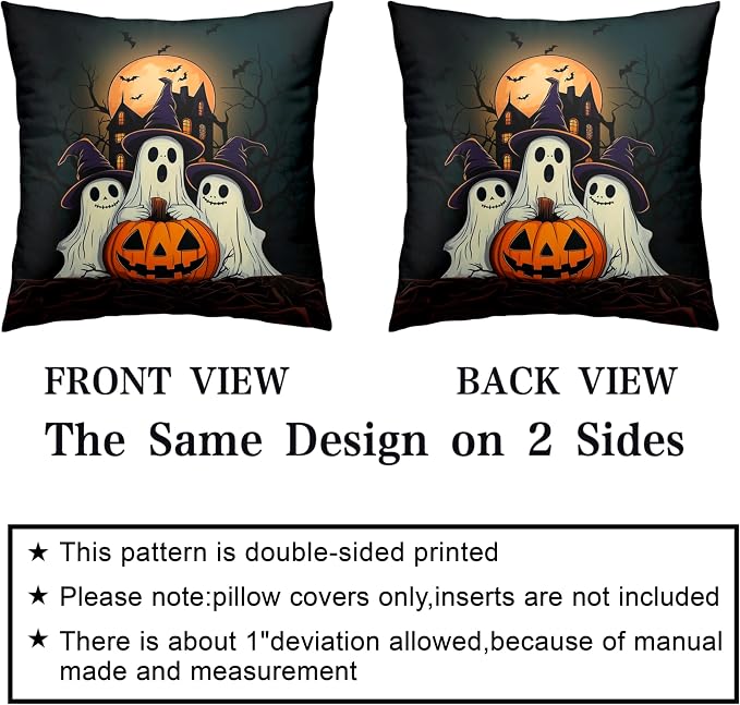 Set of 2 Halloween Pillow Covers 22x22 Ghost Throw Pillow Covers Full Moon Night Castle Bat Pillow Case Jack-O-Lantern Cushion Case for Holiday Party Decor Couch Sofa