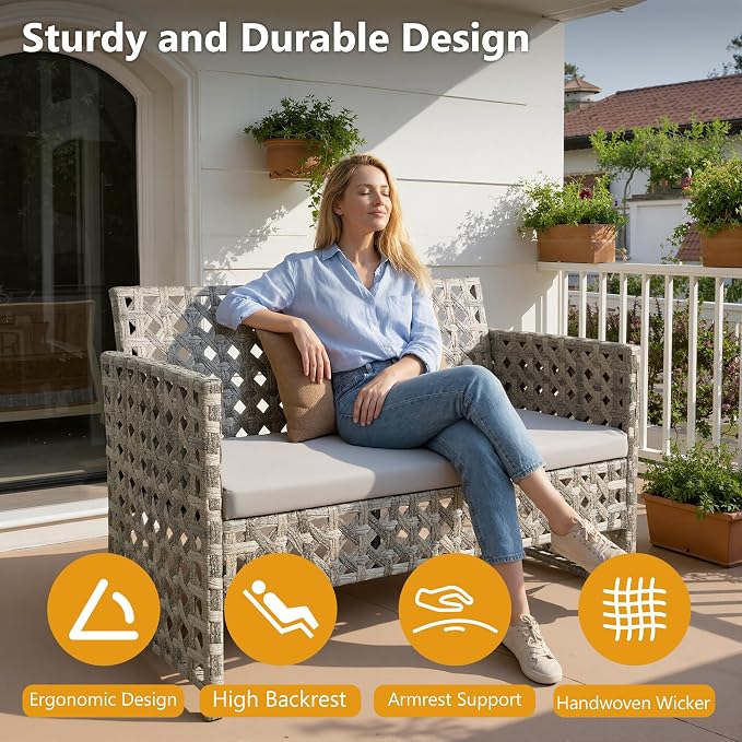 HOOOWOOO 4 Pieces Patio Furniture Set,PE Wicker Outdoor Conversation Sets,Weather Resistant Loveseat with High Back Chairs Table for Porch Balcony Yard Deck,Light Gray