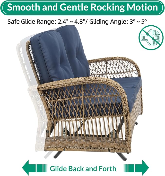 VIVIJASON 7-Piece Outdoor Patio Wicker Conversation Sets, All Weather Outdoor Rattan Furniture Set Includes Glider Loveseat, 2 Rocking Chairs, 2 Swivel-Gliders Chairs, 2 Coffee Table, Navy Blue