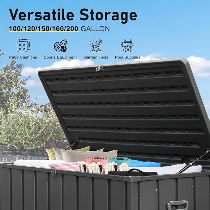 Domi Deck Box Outdoor Storage Box 100 Gallon, Large Metal Storage Cabinet with Resin Lid, Waterproof Lockable Patio Storage Box for Cushions Garden Tools Pool-Supplies, Dark Grey