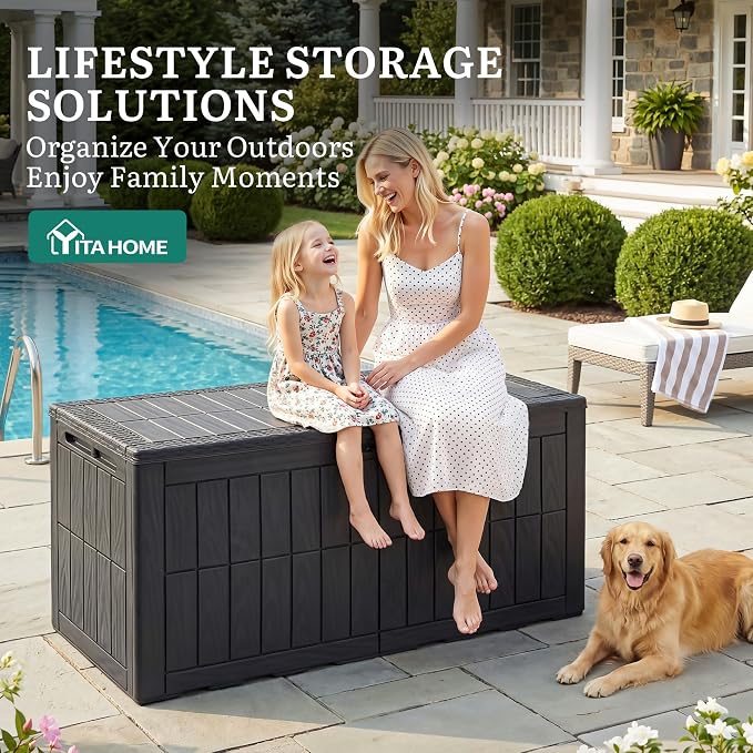 YITAHOME 110 Gallon Outdoor Deck Box, Waterproof Resin Storage Box with Lock, Lockable Patio Furniture Bin, 2-Person Bench Seating for Outdoor Cushions, Garden Tools & Sports/Pool Supplies, Dark Gray