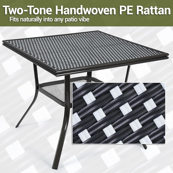 3-Piece Patio Dining Set, Outdoor French Country Bistro Table and Chairs, All-Weather Wicker Square Table & 2 Chairs w/Metal Frame, for Backyard Balcony, Black/White