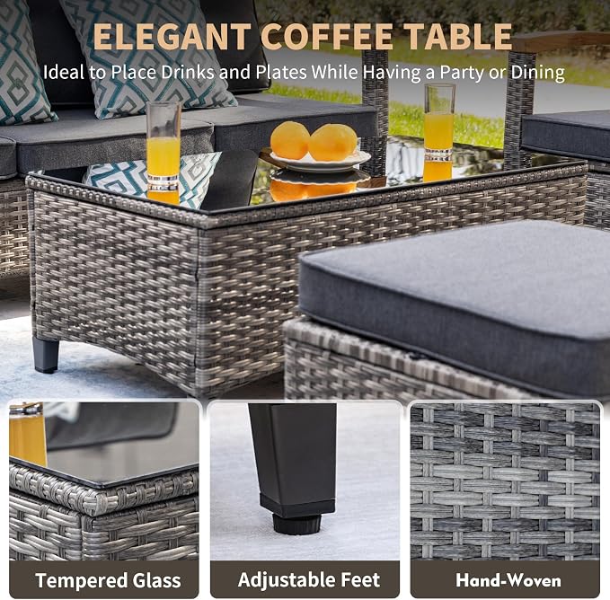 MEISSALIVVE 7 Pieces Patio Furniture Sets,PE Wicker Outdoor Conversation Sets with 2 Wood Armrests Swivel Rocker Chairs, 2 Ottoman, 2-seat Sofa and Coffee Table(Grey)