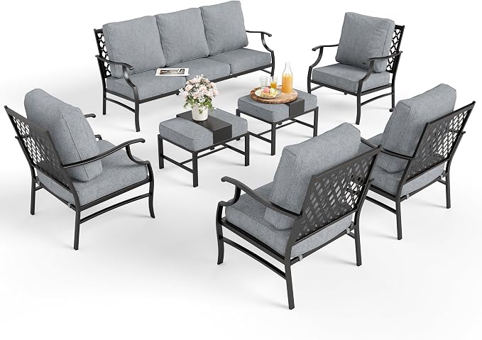 MIXPATIO Patio Furniture Set 7 pcs, Outdoor Patio Furniture, 3-Seat Sofa, 4 Single Chairs, 2 Ottomans and 5.75" Extra Thick Cushion, Patio Conversation Set for Garden Backyard Deck,Grey