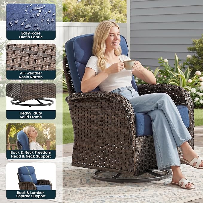 High Back Luxury Patio Furniture Set with Fire Pit Table, 6-Inch Cushion Swivel Rocker Patio Chairs with Outdoor Couch, 7 Piece Wicker Conversation Set for Deck Yard Garden Balcony Blue