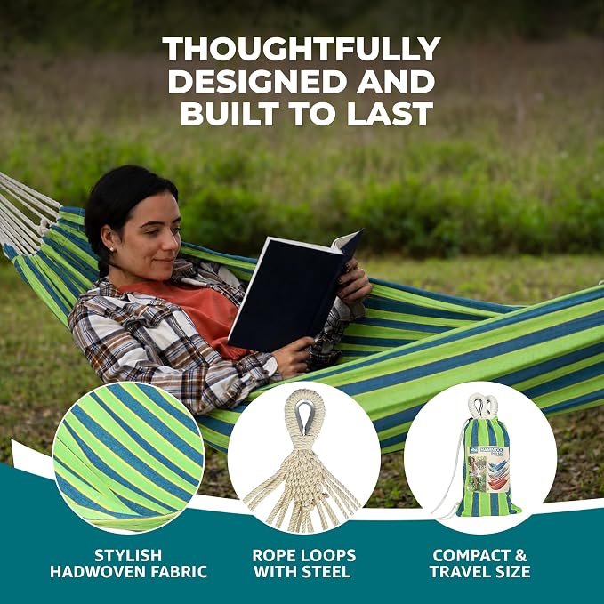 Bliss Hammocks 40" W Single Outdoor Hammock with Universal Multi-Loop Suspension with "S" Hooks, Durable, Cotton/Polyester, 220 Lbs Capacity, Mediterranean