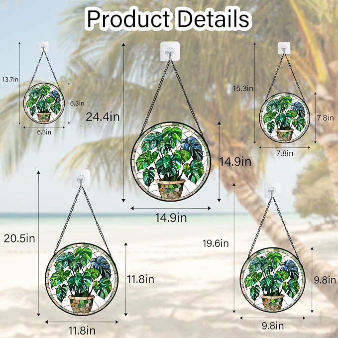 DASTOLL Stained Glass Window Hanging, Green Plant Monstera t Suncatcher Diamond Colorful Glass Panel Sun Catchers Decor for Birthday for Women, Men, Wife, Aunt, and Mom 14.9x14.9 in