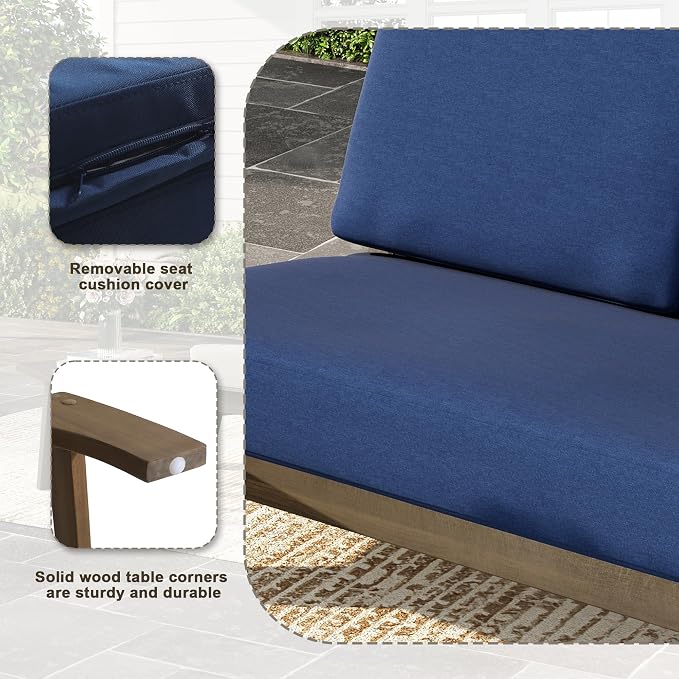Wood Patio Furniture Sets, 3 Pieces All Weather Patio Loveseat Sofa Outdoor Sectional Futniture Backyard Conversation Set with Solid Wooden Coffee Table - Navy Blue