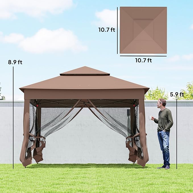 Outsunny 11' x 11' Pop Up Canopy, Outdoor Patio Gazebo Shelter with Removable Zipper Netting, Instant Event Tent w/ 114 Square Feet of Shade and Carry Bag for Backyard, Garden, Brown