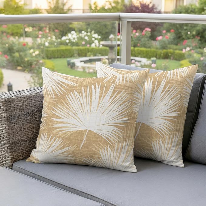 Throw Pillow Covers 16x16 Inch Set of 2, Beige Palm Leaves Coastal Waterproof Outdoor Pillow Covers, Summer Tropical Botanical Boho Decorative Cushion Pillowcases for Couch, Sofa, Bed, Garden, Patio