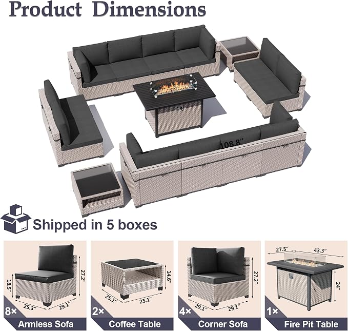 Patio Furniture Set, 15-Piece Outdoor Sectional Sofa with 60,000 BTU Fire Pit Table & 2-Layer Glass Coffee Table, Wicker Patio Conversation Set with Black Cushions