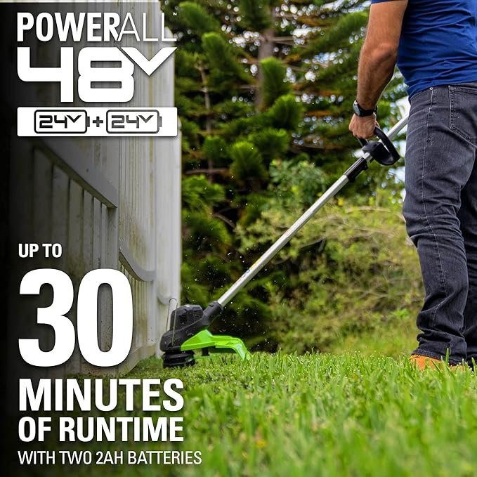 Greenworks 48V (2 x 24V) 15” TORQDRIVE String Trimmer, 0.080" Trimmer Line, (2) 2Ah USB Batteries and Dual Port Charger