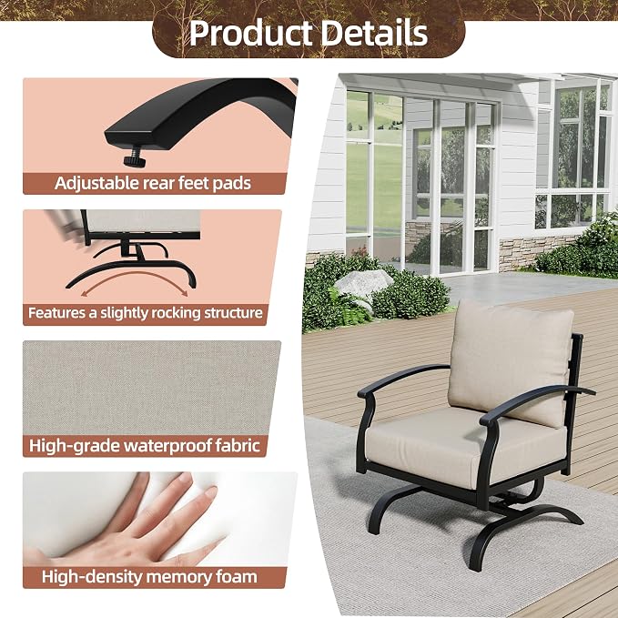 Kurapika 2 Pieces Patio Furniture Set, Outdoor Metal Rocking Chair, Patio Bistro Set Rocker Chair with Thickened Cushions for Porch Garden Deck, Sand