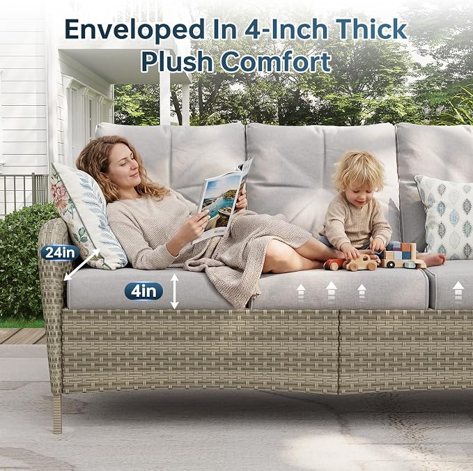 LazySunsets Luxury 12-Piece Patio Furniture Set with 44'' Fire Pit Table, 360° Swivel Chairs, Wicker Rattan Sofa & Thick Cushions, Outdoor Conversation Set for Backyard, Poolside & Garden, Beige/Gray