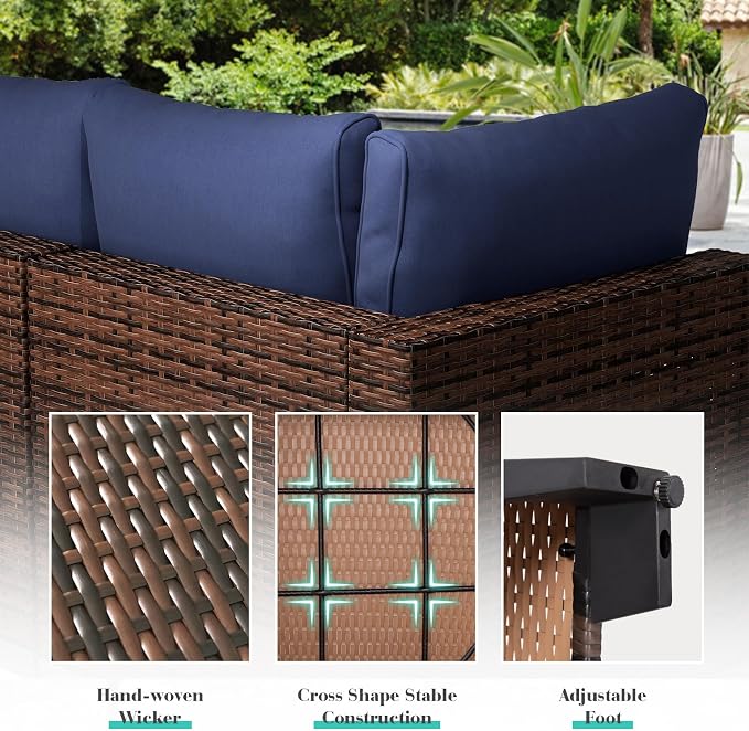7 Pcs Patio Furniture Set, All-Weather Wicker Sofa Brown & Blue | Weather Resistant PE Rattan | Thick Cushions | Removable Easy Clean | 450 lbs | Ideal for Backyards, Poolside, Balcony