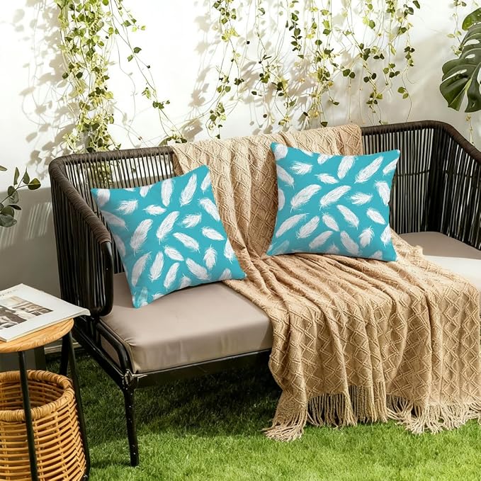 20x20 Inch Outdoor Pillow Covers Set of 2 Waterproof Throw Pillow Covers Decorative Couch Cushion Covers White Feather Pattern Square Pillowcases Protectors for Patio Garden Sofa