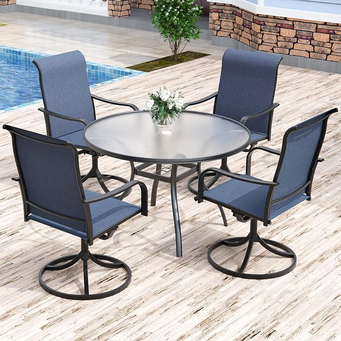 Anmutig 5-Piece Outdoor Patio Dining Set, 40" Round Glass Table with 4 Swivel Rocking Patio Chairs Furniture Set for Kitchen Garden, Backyard, Blue