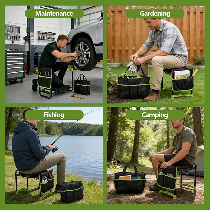 Garden Kneeler and Seat, Heavy Duty Gardening Stool with 1.8" Thick Detachable Kneeling Pad, Foldable Bench Chair with Tool Pouch and Bag for Knee & Back Pain Relief for Women, Men, Seniors (Green)