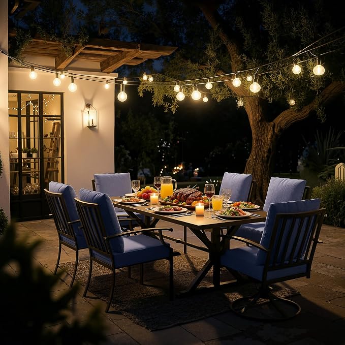 Kullavik 7 Pieces Outdoor Dining Set,Patio Dining Table and Chairs Set for 6,Fence Pattern Back Chairs with Thickened Cushions & X-Frame Metal Dining Table with Umbrella Hole for Patio,Navy Blue