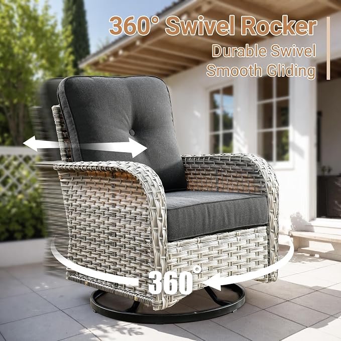 HOOOWOOO Outdoor Patio Furniture Set,8 Pieces Wicker Out Door Sectional Furniture L Shaped Couch,Patio Conversation Sets with Swivel Rocking Chair LED Table,Black
