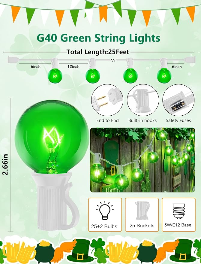 G40 Green St. Patrick’s Day Globe String Lights, 25Ft Outdoor St. Patrick’s Day Decorations Lights with 27 Green Incandescent Bulbs, Hanging Patio Lights Waterproof for Christmas Wedding Party Garden