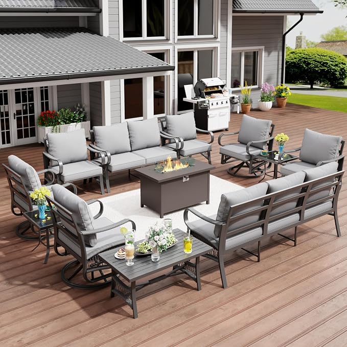 12 Piece Patio Furniture Set, All Weather Metal Outdoor Conversation Set with 50000 BTU Propane Fire Pit Table and 5" Thick Cushions, Sectional Sofa for Garden, Porch, Lawn, Grey
