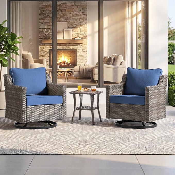 Outdoor Furniture Set of 3, Patio Chairs with Luxury 4" Cushion, Wicker Swivel Rocker Patio Chairs, and Side Table, High Back&Deep Seat for Garden Deck Porch Balcony Backyard - Blue
