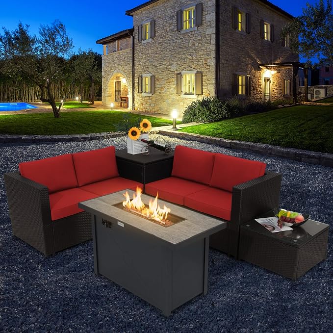 COSTWAY 5 Piece Patio Furniture Set with 42'' Fire Pit Table, Outdoor Wicker Rattan Loveseat Sofa with 4'' Thickened Cushions, 2 Side Tables, Sectional Conversation Set for Backyard (Red)