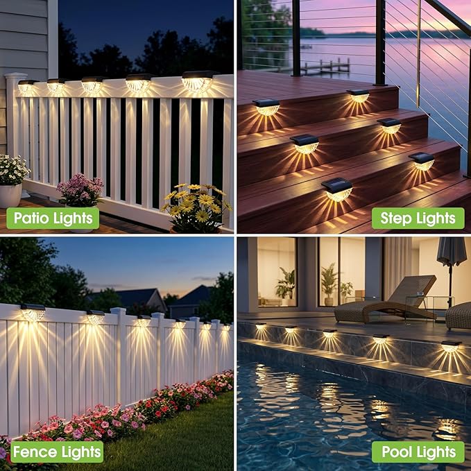 Greluna Solar Fence Lights, 8 Pack Waterproof Deck Outdoor Lights, Auto Dusk to Dawn Step Lights with Warm White Glow, Easy Install for Fence, Patio, Stairs, Pathway, Garden Lighting