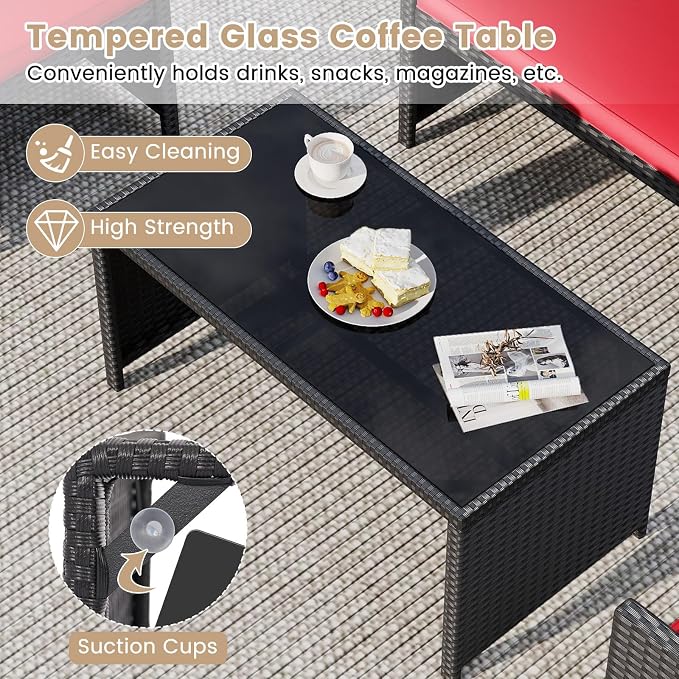 Tangkula 4 Pices Patio Wicker Furniture Set, Outdoor Heavy Duty Rattan Cushioned Chairs, Loveseat and Tempered Glass Coffee Table, for Backyard, Balcony, Poolside