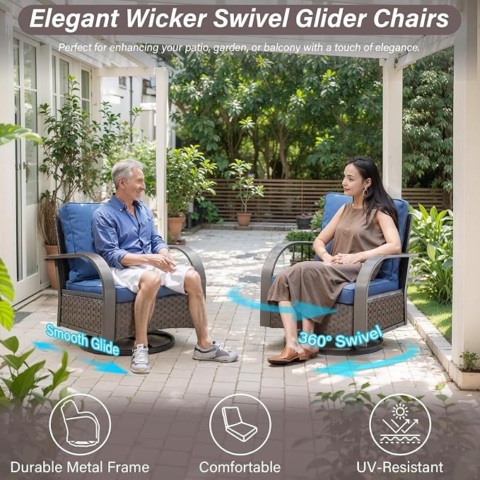 Outdoor Swivel Rocker Patio Chairs Set of 2, Heavy Duty Swivel Rocking Patio Chairs with Wide Metal Armrests, 2 Pieces Patio Furniture Wicker Glider Chairs Set with Removble Cushions for Porch Sunroom