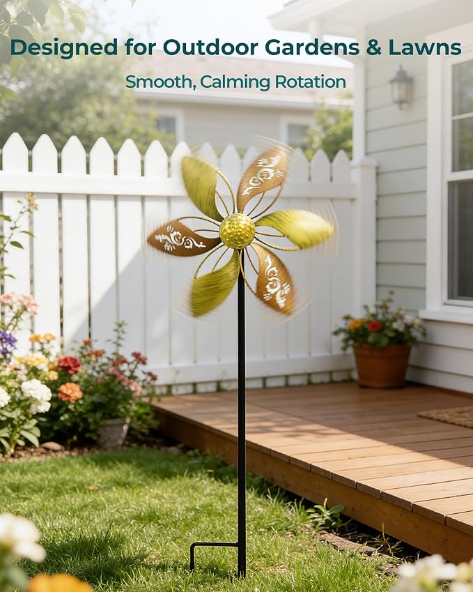 2 Pack Metal Wind Spinners, 37" Kinetic Yard Decor | Smooth Rotation, Rust-Resistant Finish, Tool-Free Setup, Elegant Floral Design