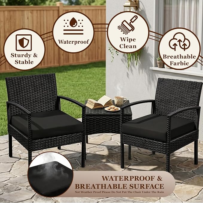 PROHIKER 3 PCS Patio Rattan Conversation Bistro Chairs Set, Outdoor Patio Furniture Wicker Bistro Set with Coffee Table for Garden Porch Balcony Yard Lawn, Black