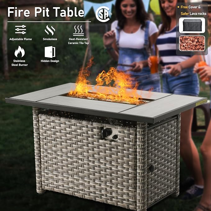 HOOOWOOO Outdoor Patio Furniture Set with Fire Pit Table,11 Pieces Wicker Out Door Sectional Furniture L Shaped Couch,Outside Patio Conversation Swivel Chair Sets,Brick Red