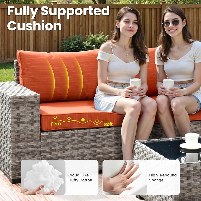 ovios 13 Pieces Patio Furniture Set, Outdoor Wicker Sectional Sofa with 42 Inch Fire Pit Table Comfy Cushions, Modern Modular Deep Seat Rattan Couch Conversation Set, Orange Red
